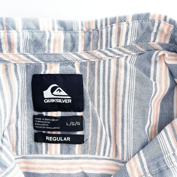 Quiksilver Mens Regular Button Down Shirt Short Sleeve Stripes Peach Blue Large - Picture 4 of 7